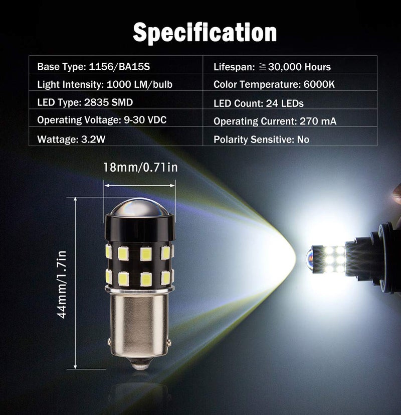 BRISHINE 4-Pack 1000 Lumens Super Bright 1156 1073 1141 7506 BA15S LED Bulbs 6000K Xenon White 24-SMD LED Chipsets with Projector for Backup Reverse Lights, Parking Lights, Daytime Running Lights - Image 2
